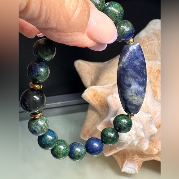 LAPIS LAZULI CHRYSOCOLLA + SODALITE + OBSIDIAN NATURAL BRACELET size 7” - Picture 10 of 13